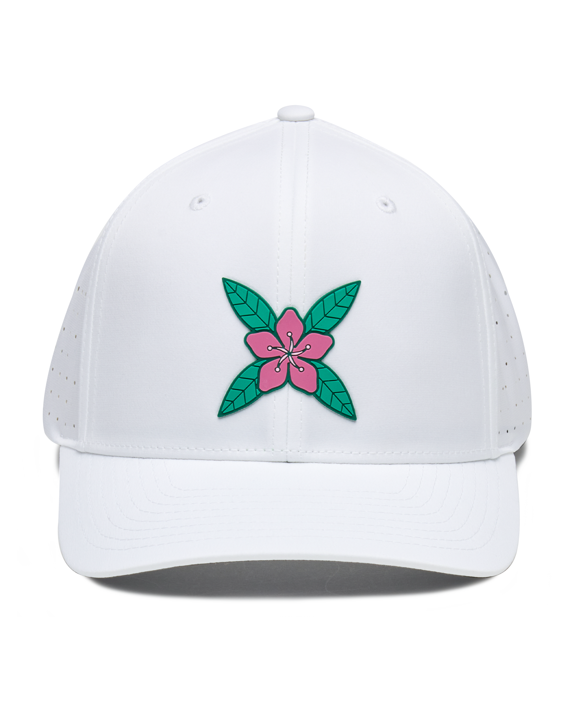 Front view of the Azalea Hat in White with pink azalea flower logo