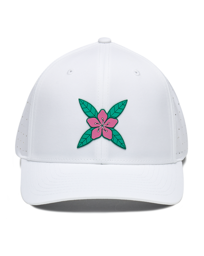 Front view of the Azalea Hat in White with pink azalea flower logo