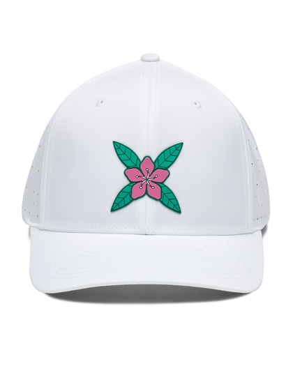 Front view of the Azalea Hat in White with pink azalea flower logo