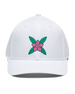 Front view of the Azalea Hat in White with pink azalea flower logo