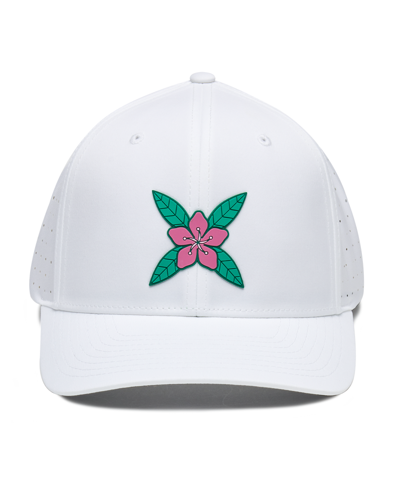 Front view of the Azalea Hat in White with pink azalea flower logo