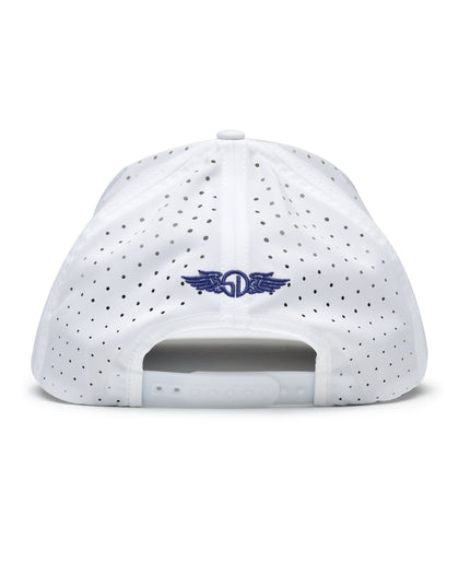 Straight Down Hibiscus Hat in White, back view featuring a white perforated performance hat with the Straight Down logo embroidered in navy and a snapback closure