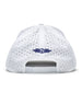 Straight Down Hibiscus Hat in White, back view featuring a white perforated performance hat with the Straight Down logo embroidered in navy and a snapback closure