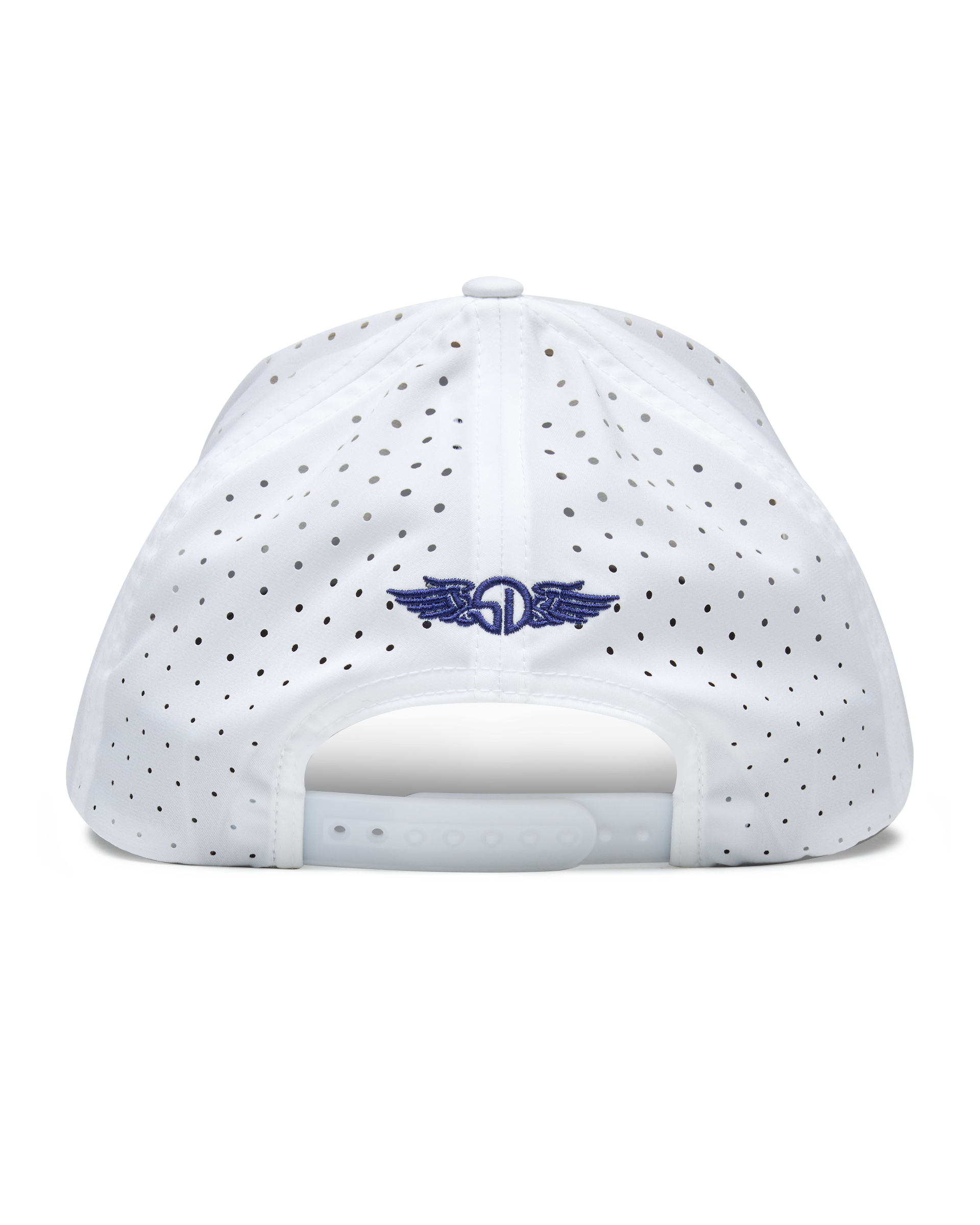 Straight Down Hibiscus Hat in White, back view featuring a white perforated performance hat with the Straight Down logo embroidered in navy and a snapback closure