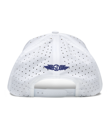 Straight Down Hibiscus Hat in White, back view featuring a white perforated performance hat with the Straight Down logo embroidered in navy and a snapback closure