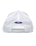Straight Down Hibiscus Hat in White, back view featuring a white perforated performance hat with the Straight Down logo embroidered in navy and a snapback closure