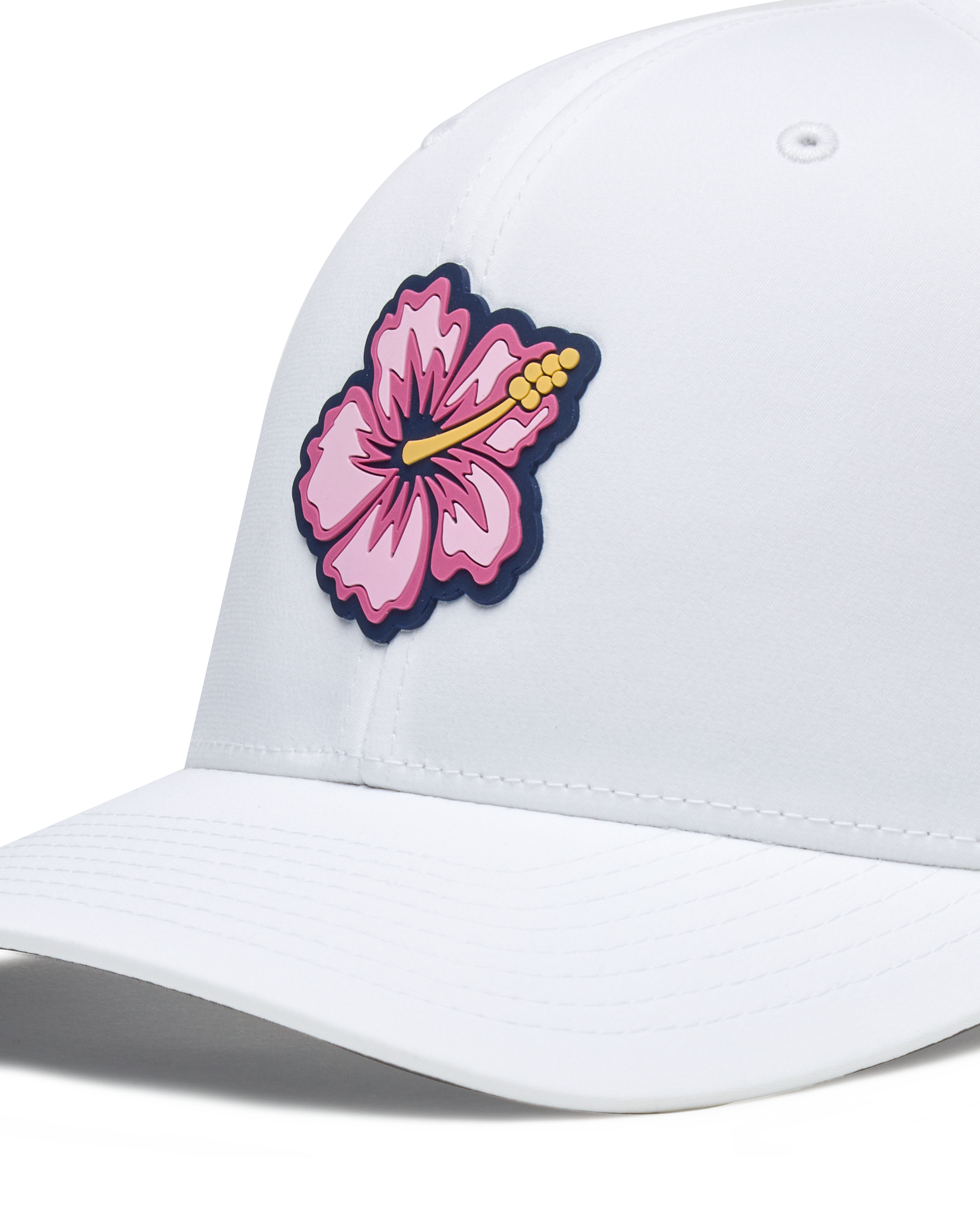 Straight Down Hibiscus Hat in White, close up front view highlighting the pink hibiscus flower rubber patch detail on the front panel