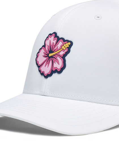 Straight Down Hibiscus Hat in White, close up front view highlighting the pink hibiscus flower rubber patch detail on the front panel