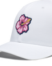 Straight Down Hibiscus Hat in White, close up front view highlighting the pink hibiscus flower rubber patch detail on the front panel
