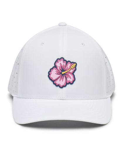 Straight Down Hibiscus Hat in White, front view featuring a white perforated performance hat with a pink hibiscus flower rubber patch on the front panel