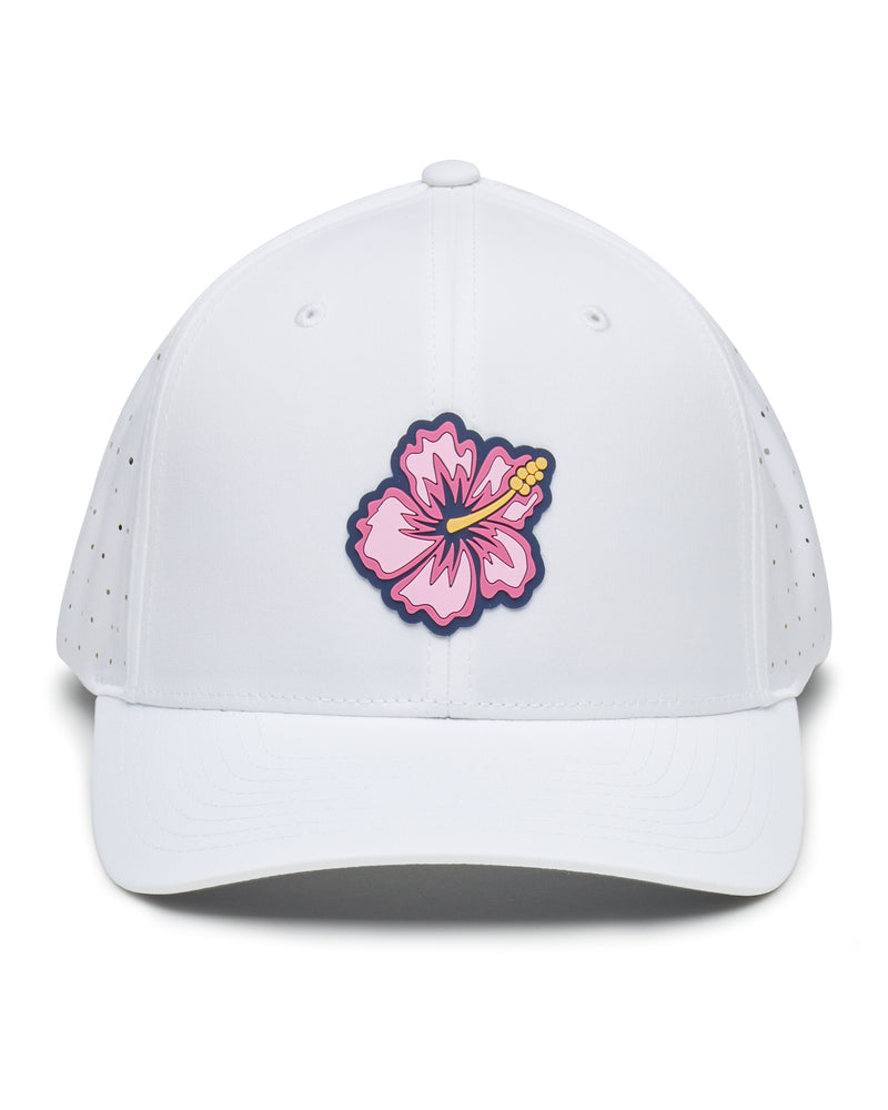 Straight Down Hibiscus Hat in White, front view featuring a white perforated performance hat with a pink hibiscus flower rubber patch on the front panel