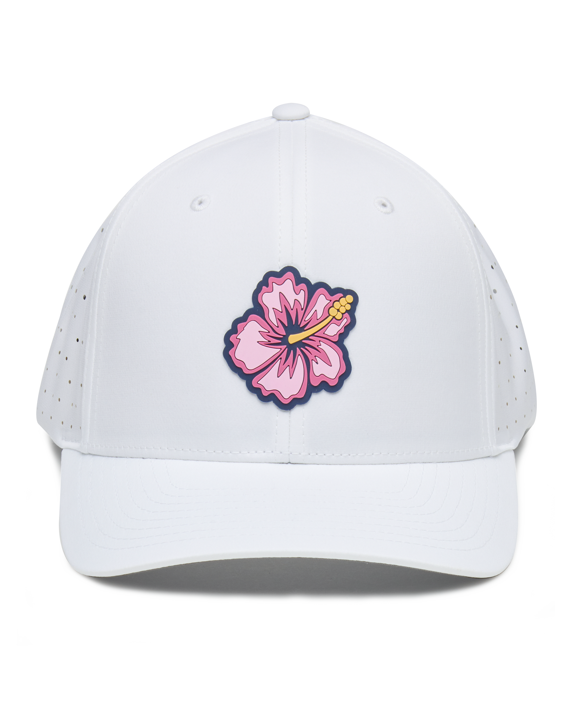 Straight Down Hibiscus Hat in White, front view featuring a white perforated performance hat with a pink hibiscus flower rubber patch on the front panel