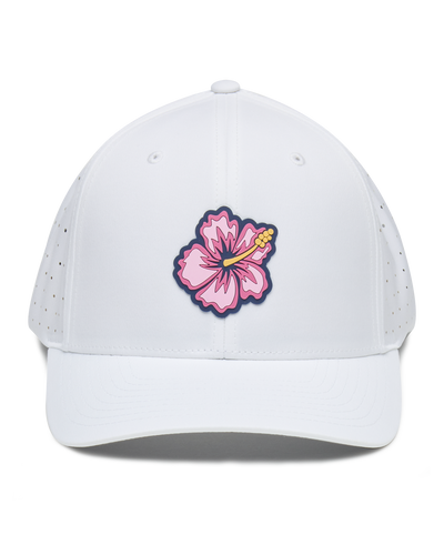 Straight Down Hibiscus Hat in White, front view featuring a white perforated performance hat with a pink hibiscus flower rubber patch on the front panel