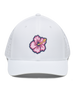 Straight Down Hibiscus Hat in White, front view featuring a white perforated performance hat with a pink hibiscus flower rubber patch on the front panel