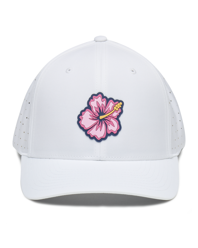 Straight Down Hibiscus Hat in White, front view featuring a white perforated performance hat with a pink hibiscus flower rubber patch on the front panel