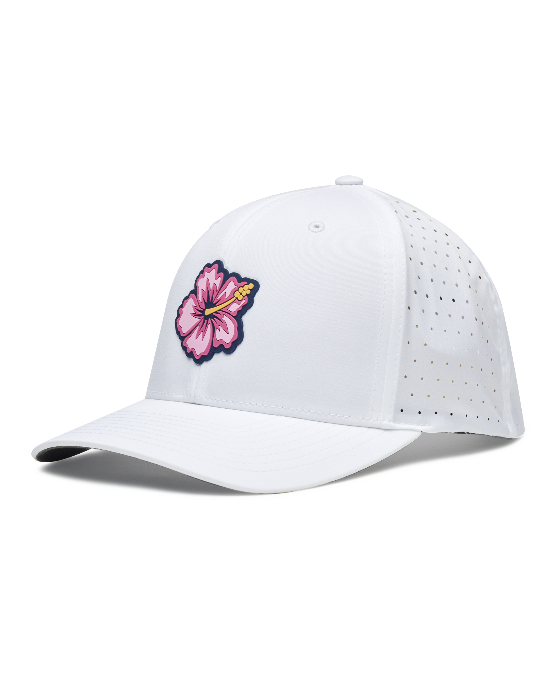 Straight Down Hibiscus Hat in White, side view featuring a white perforated performance hat with a pink hibiscus flower rubber patch on the front panel