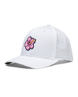 Straight Down Hibiscus Hat in White, side view featuring a white perforated performance hat with a pink hibiscus flower rubber patch on the front panel