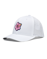 Straight Down Hibiscus Hat in White, side view featuring a white perforated performance hat with a pink hibiscus flower rubber patch on the front panel