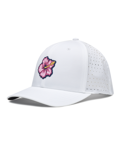 Straight Down Hibiscus Hat in White, side view featuring a white perforated performance hat with a pink hibiscus flower rubber patch on the front panel