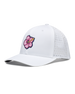 Straight Down Hibiscus Hat in White, side view featuring a white perforated performance hat with a pink hibiscus flower rubber patch on the front panel