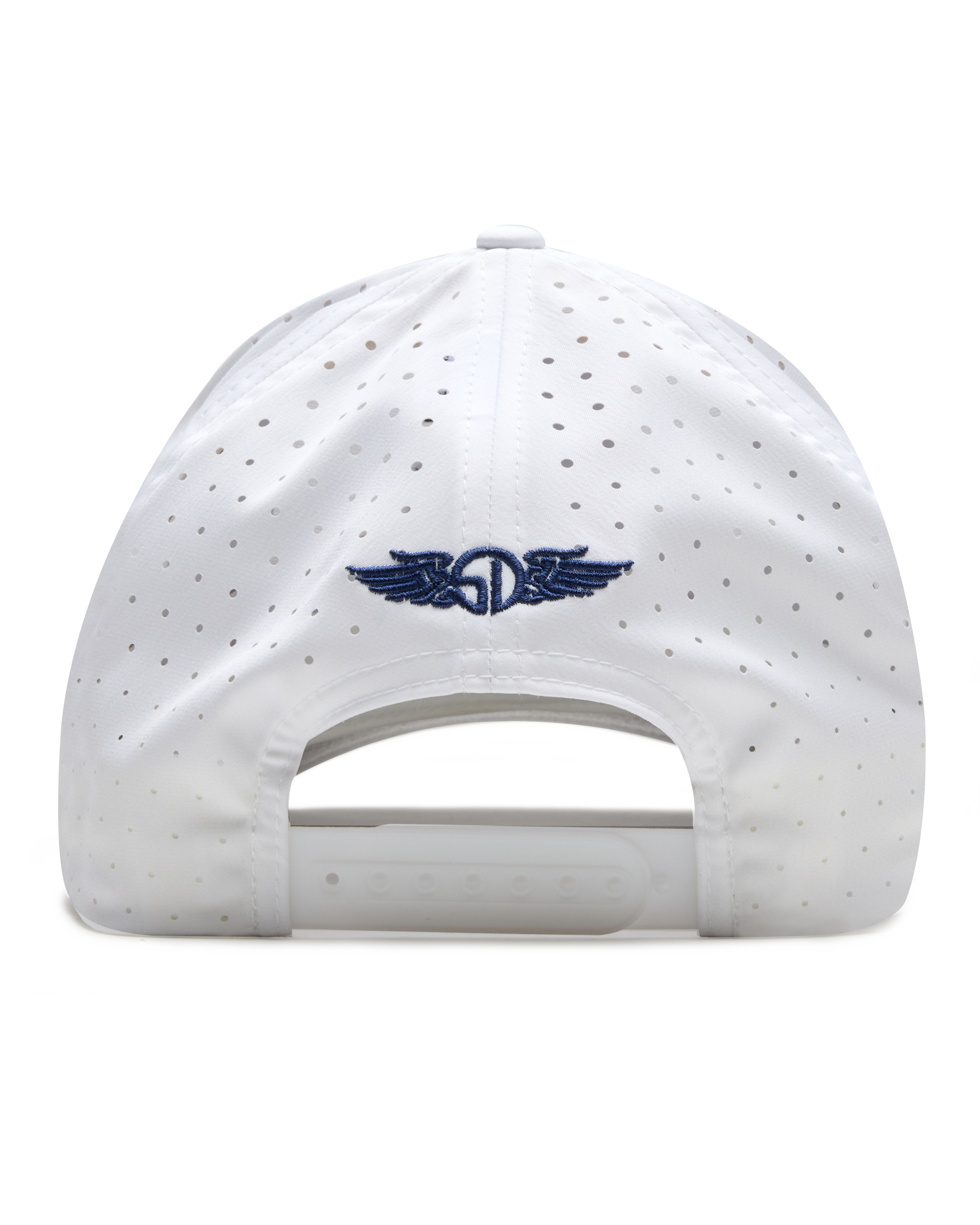 Back of the El Jefe Hat in White featuring perforated panels, an embroidered winged logo, and adjustable snapback closure.
