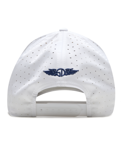 Back of the El Jefe Hat in White featuring perforated panels, an embroidered winged logo, and adjustable snapback closure.