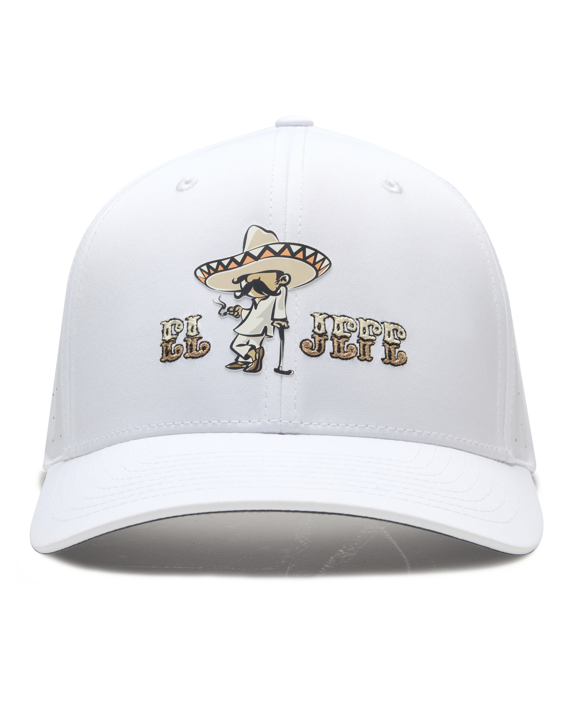 Front view of the El Jefe Hat in White featuring the western character graphic and embroidered El Jefe lettering.