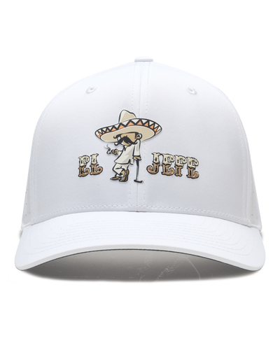 Front view of the El Jefe Hat in White featuring the western character graphic and embroidered El Jefe lettering.