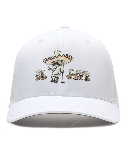 Front view of the El Jefe Hat in White featuring the western character graphic and embroidered El Jefe lettering.