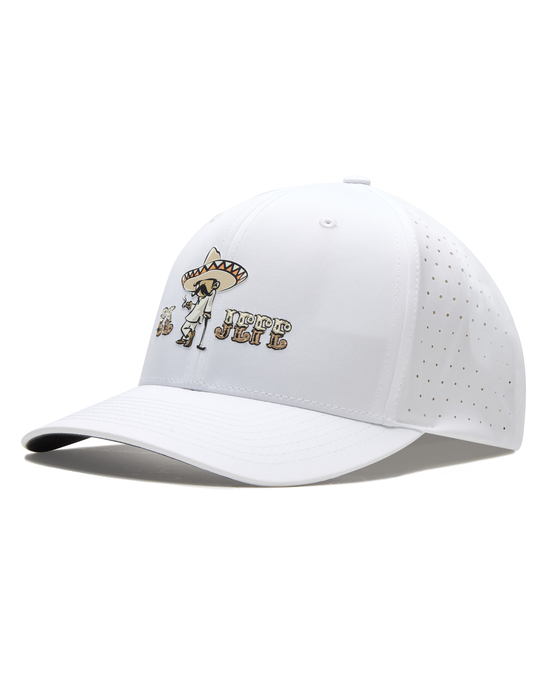 El Jefe Hat in White featuring a western character graphic, embroidered lettering, curved brim, and perforated side panels.