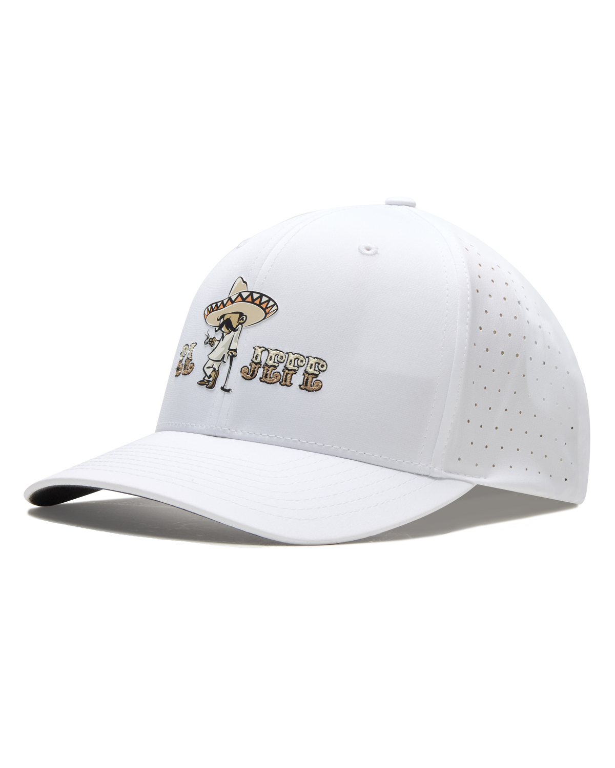 El Jefe Hat in White featuring a western character graphic, embroidered lettering, curved brim, and perforated side panels.