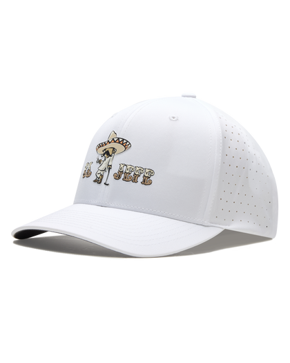 El Jefe Hat in White featuring a western character graphic, embroidered lettering, curved brim, and perforated side panels.