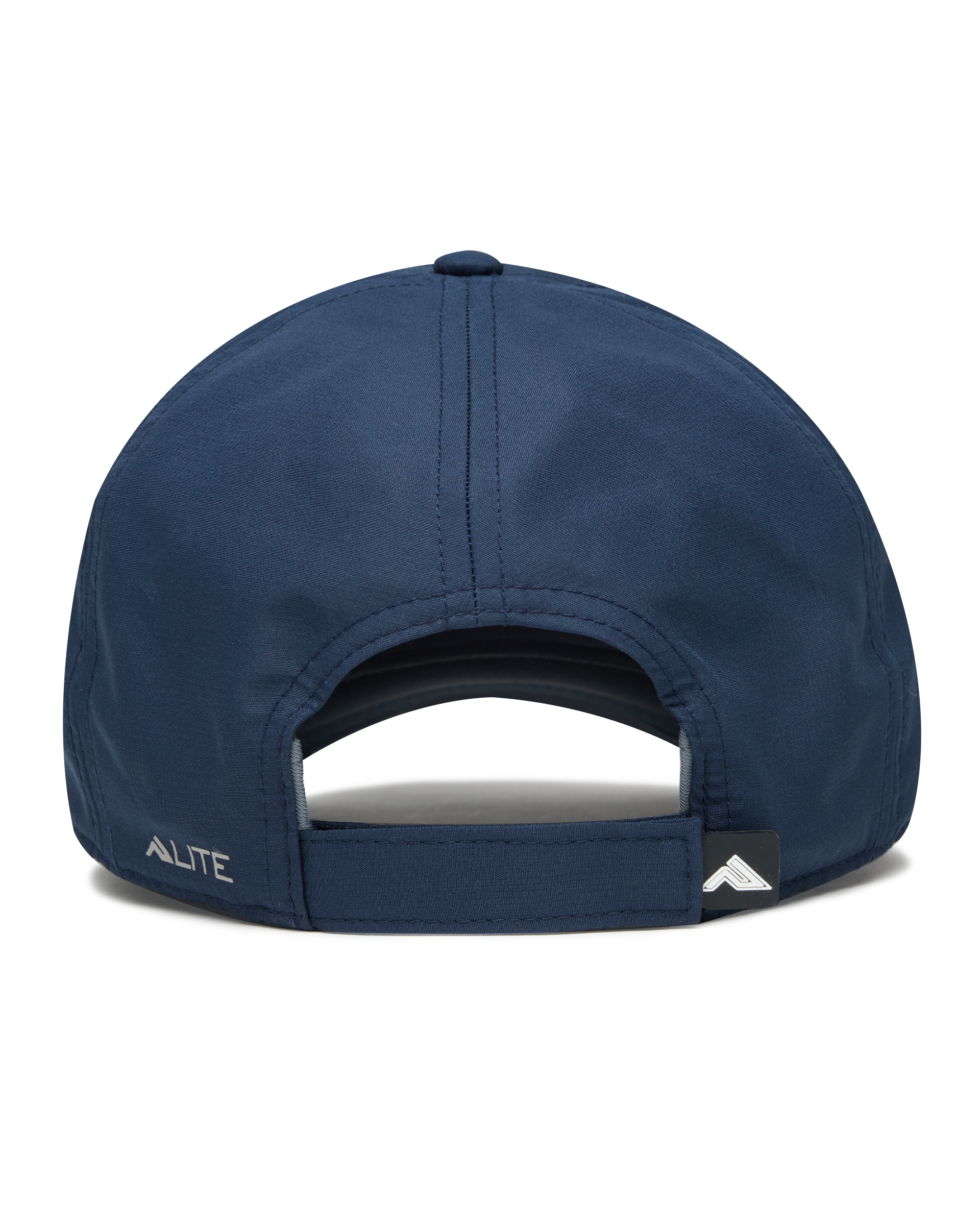 The back view of a navy blue baseball cap with an adjustable strap, featuring the brand name 'ALITE' in white on the side and a small white mountain logo on the back strap.