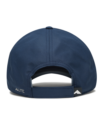 The back view of a navy blue baseball cap with an adjustable strap, featuring the brand name 'ALITE' in white on the side and a small white mountain logo on the back strap.