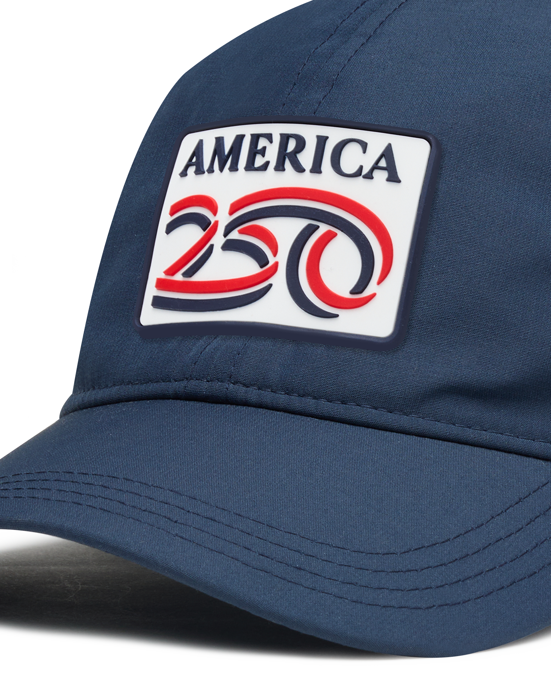 A navy structured baseball cap with a curved brim, featuring a front patch that reads 'AMERICA 250' in navy, red, and white.