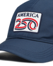 A navy structured baseball cap with a curved brim, featuring a front patch that reads 'AMERICA 250' in navy, red, and white.