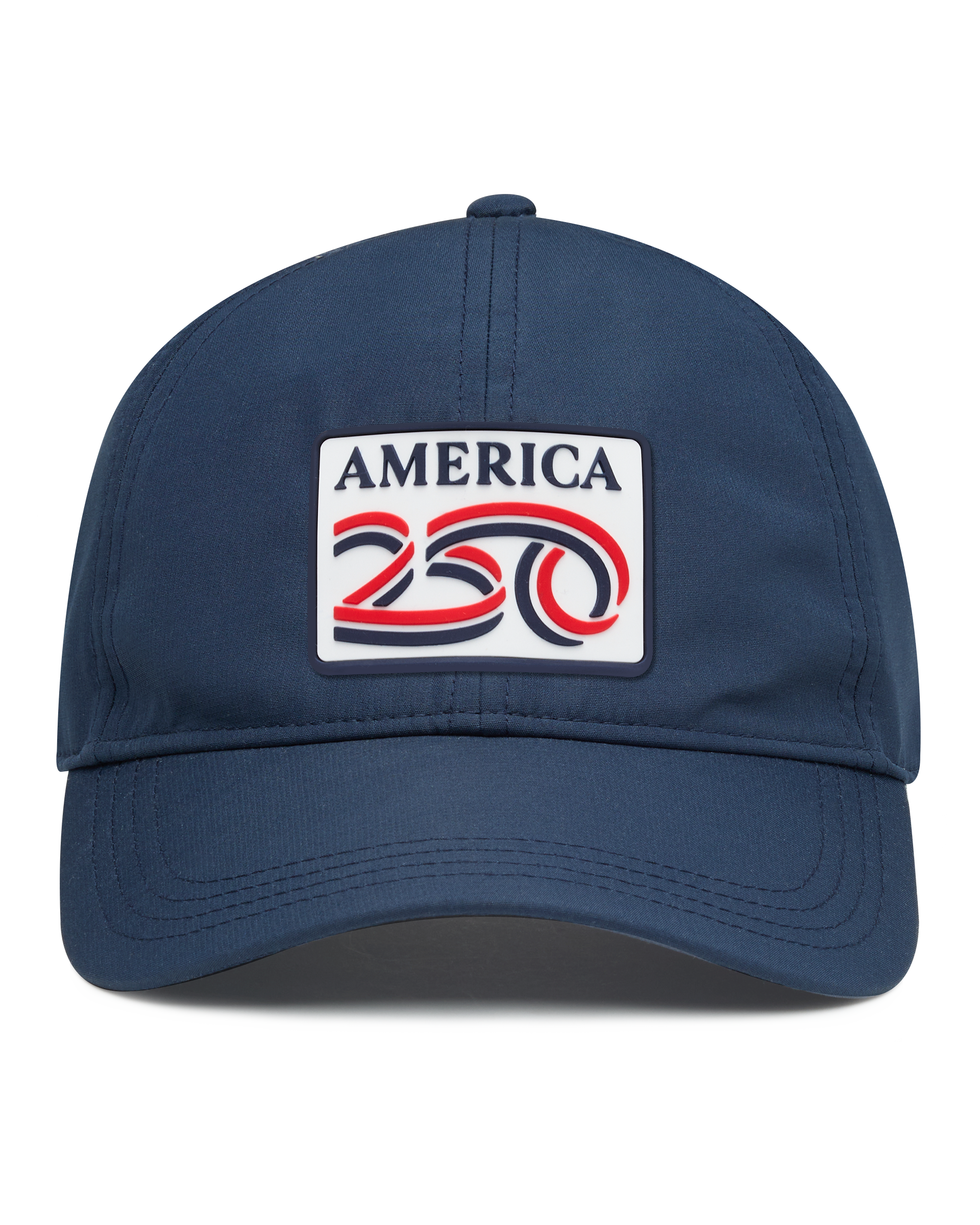 A navy structured baseball cap with a curved brim, featuring a front patch that reads 'AMERICA 250' in navy, red, and white. The cap has perforated side panels for ventilation.
