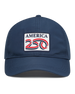 A navy structured baseball cap with a curved brim, featuring a front patch that reads 'AMERICA 250' in navy, red, and white. The cap has perforated side panels for ventilation.