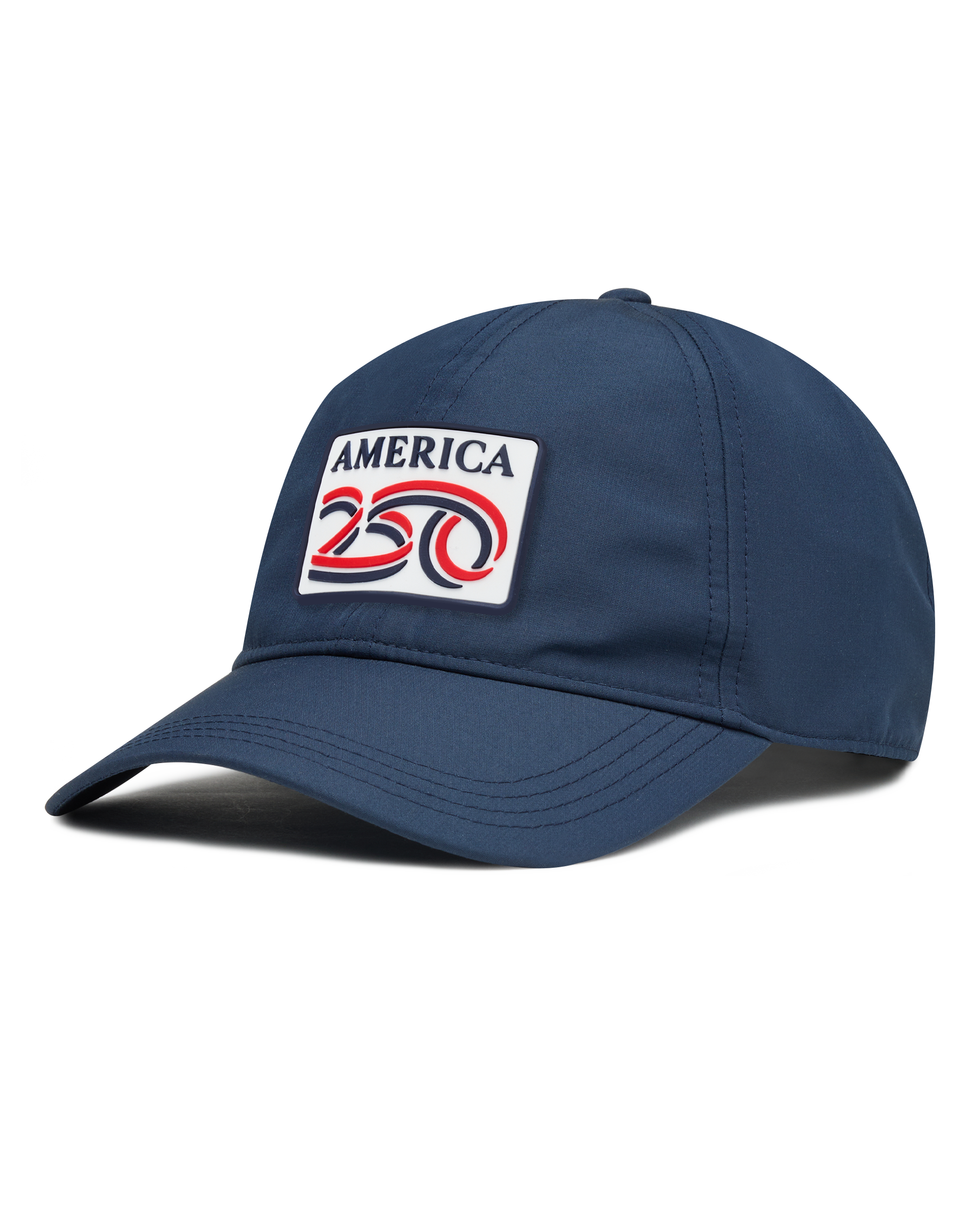 A navy structured baseball cap with a curved brim, featuring a front patch that reads 'AMERICA 250' in navy, red, and white. The cap has perforated side panels for ventilation.
