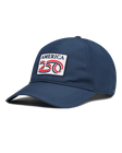 A navy structured baseball cap with a curved brim, featuring a front patch that reads 'AMERICA 250' in navy, red, and white. The cap has perforated side panels for ventilation.
