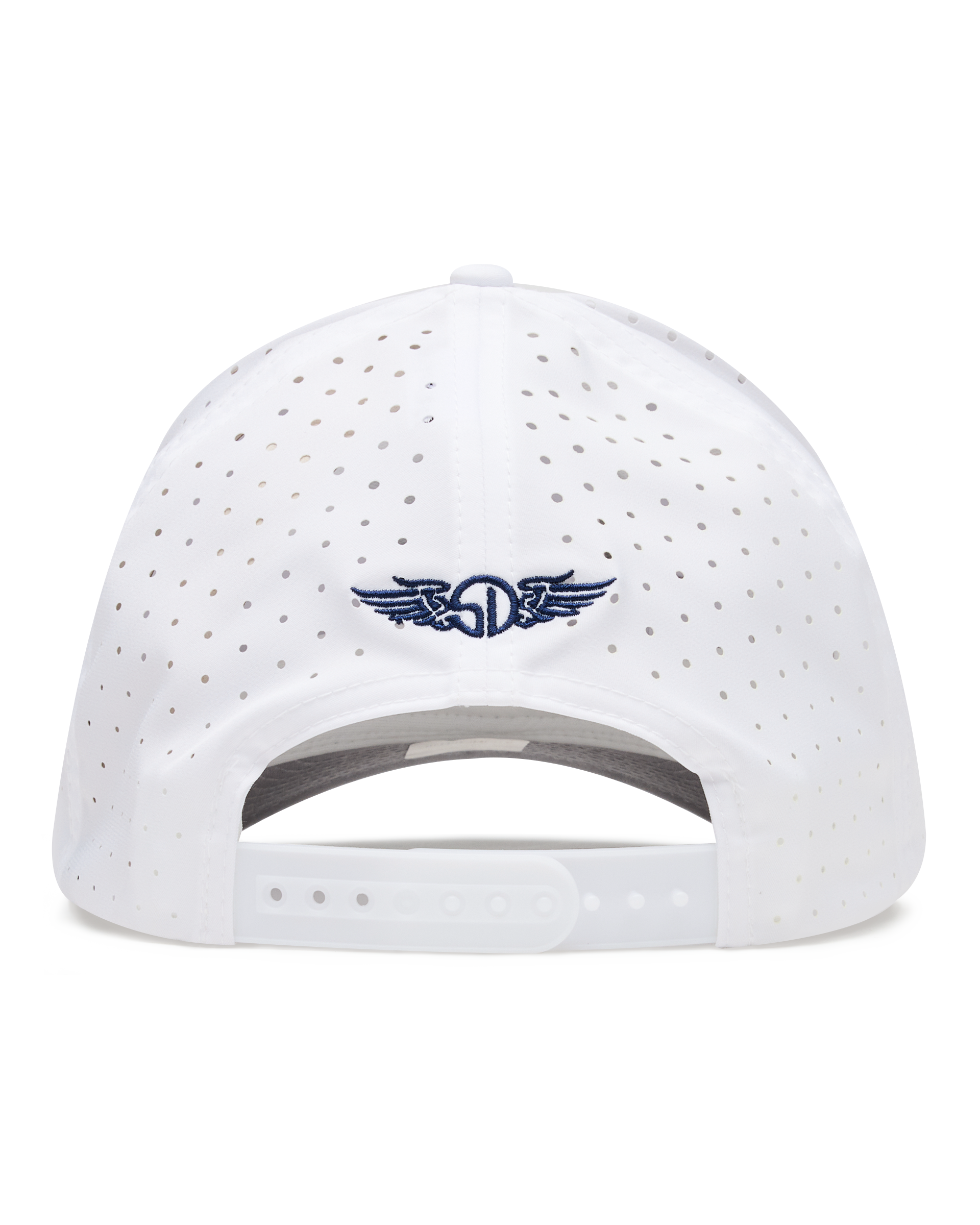 The back view of a white structured baseball cap with a blue Straight Down logo embroidered in the center.