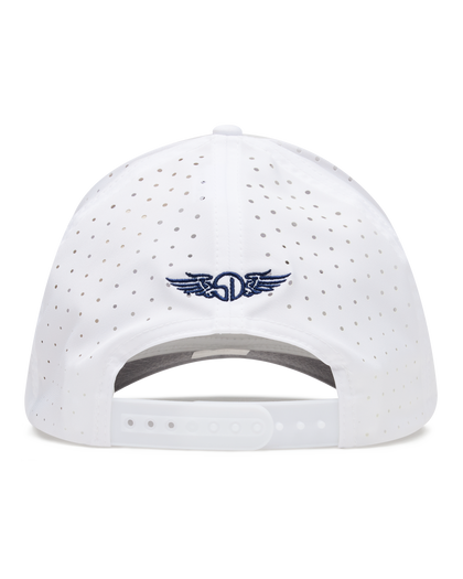 The back view of a white structured baseball cap with a blue Straight Down logo embroidered in the center.