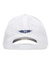 The back view of a white structured baseball cap with a blue Straight Down logo embroidered in the center.