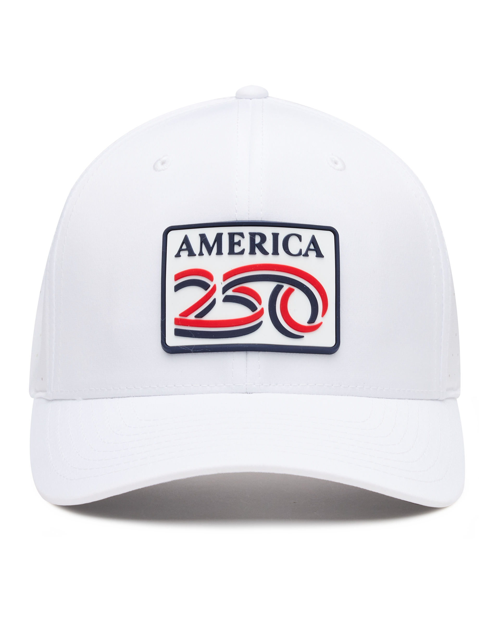 A white structured baseball cap with a curved brim, featuring a front patch that reads 'AMERICA 250' in navy, red, and white. The cap has perforated side panels for ventilation.