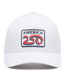 A white structured baseball cap with a curved brim, featuring a front patch that reads 'AMERICA 250' in navy, red, and white. The cap has perforated side panels for ventilation.