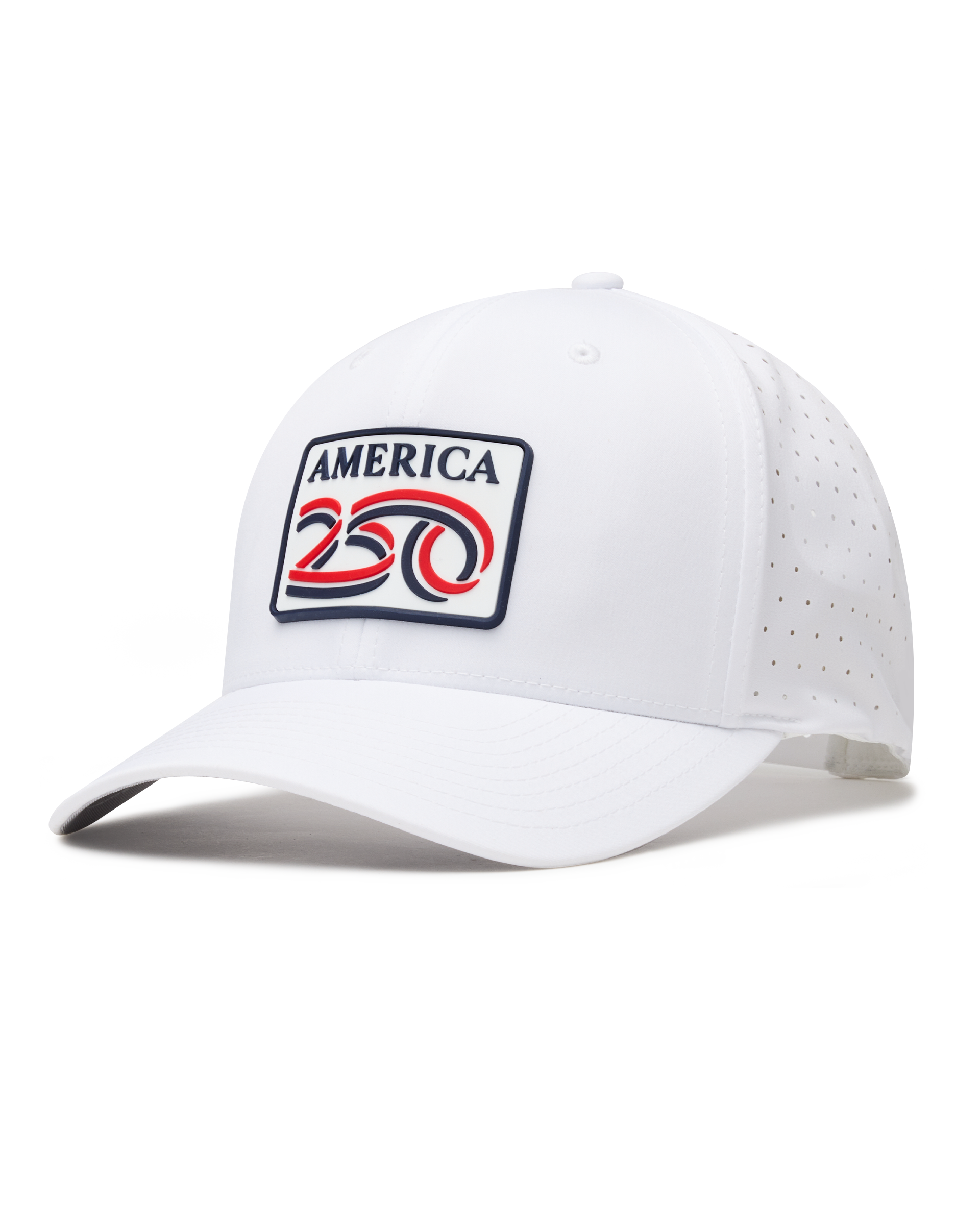 A white structured baseball cap with a curved brim, featuring a front patch that reads 'AMERICA 250' in navy, red, and white. The cap has perforated side panels for ventilation.
