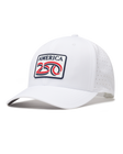 A white structured baseball cap with a curved brim, featuring a front patch that reads 'AMERICA 250' in navy, red, and white. The cap has perforated side panels for ventilation.
