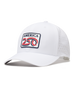 A white structured baseball cap with a curved brim, featuring a front patch that reads 'AMERICA 250' in navy, red, and white. The cap has perforated side panels for ventilation.