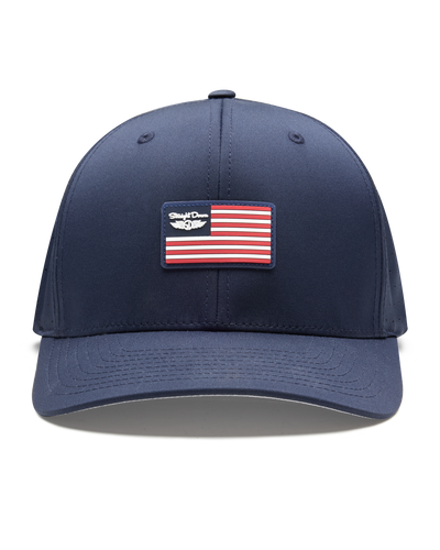 Allegiance Hat in Navy with American flag patch, front view
