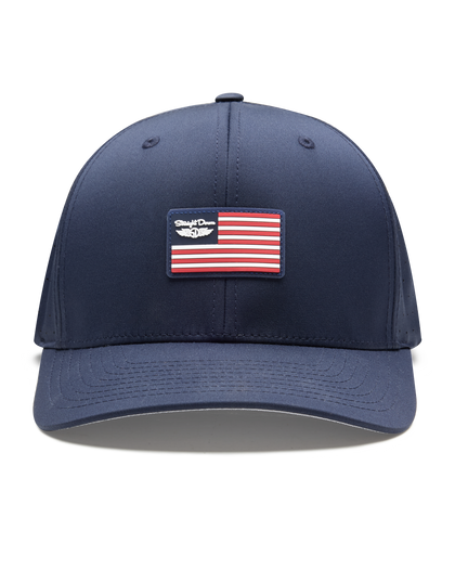 Allegiance Hat in Navy with American flag patch, front view